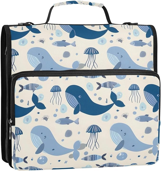 3 Ring Zipper Binder with Shoulder Strap Whales Jellyfish Blue Ocean 2 Inch Zippered Binder Bag 500 Sheet Capacity Multi Pockets for School Supplies