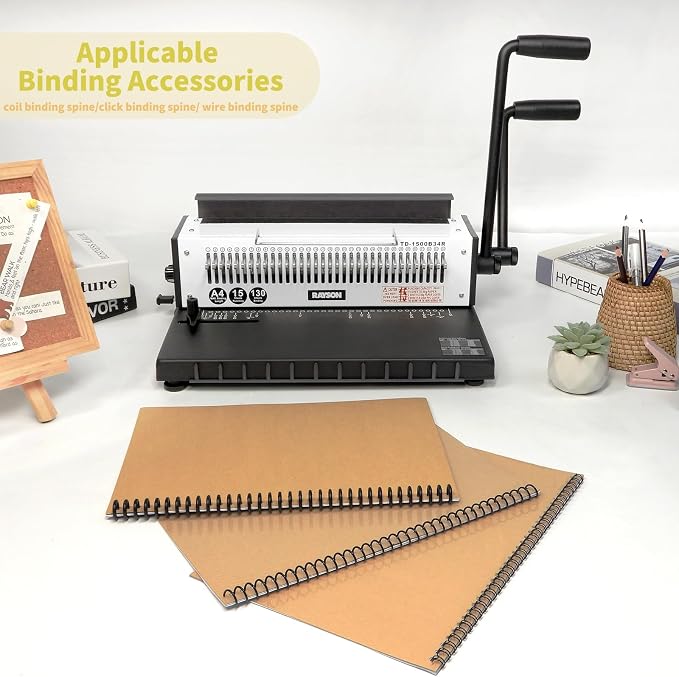 RAYSON TD-1500B34R 3:1 Wire Binder, 15-Sheet Punch, 130-Sheet Capacity | Wire binding machine with 34 fully disengageable round-hole punch pins for custom hole patterns on A4 and Letter sheets.