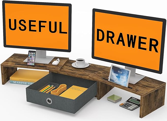 WESTREE Dual Monitor Stand Riser with Drawer, Monitor Stand Riser for 2 Monitors, Adjustable Length and Angle, 2 Solts for Phone & Tablet, Desktop Organizer Stand for Computer/Laptop/PC/Printer