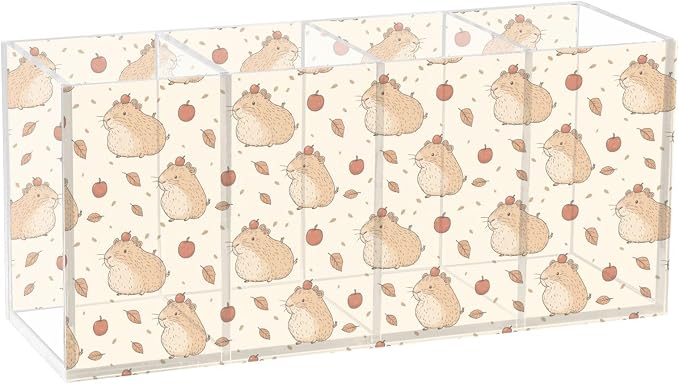Cartoon Capybara Acrylic Printed Pen Holder 4 Compartments, Acrylic Plastic Pen Holder Cosmetic Brush Holder Desk Pen Holder Marker Organizer Square Acrylic Pen Holder 4 Compartments
