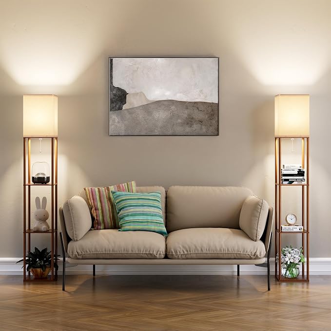 Floor Lamp with Shelves for Living Room Walnut Brown 2 Pack, Shelf Floor Lamp with 3 CCT LED Bulb, Corner Display Standing Column Lamp Etagere Organizer Tower Nightstand for Bedroom