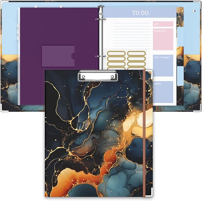 3 Ring Binder, 1 Inches Round Ring Binder with Clipboard, Dividers Tabs, PVC Zipper Bag Sleeves & to Do List Planners for Women, Men, School, Office Supplies, Abstraction