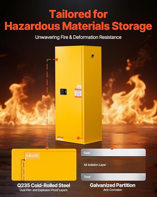 VEVOR Flammable Cabinet 18" x 23" x 65", 23 Gallon Flammable Storage Cabinet with Adjustable Shelf, Cold-Rolled and Galvanized Steel Fire Cabinets, for Commercial Industrial Home Use, Yellow