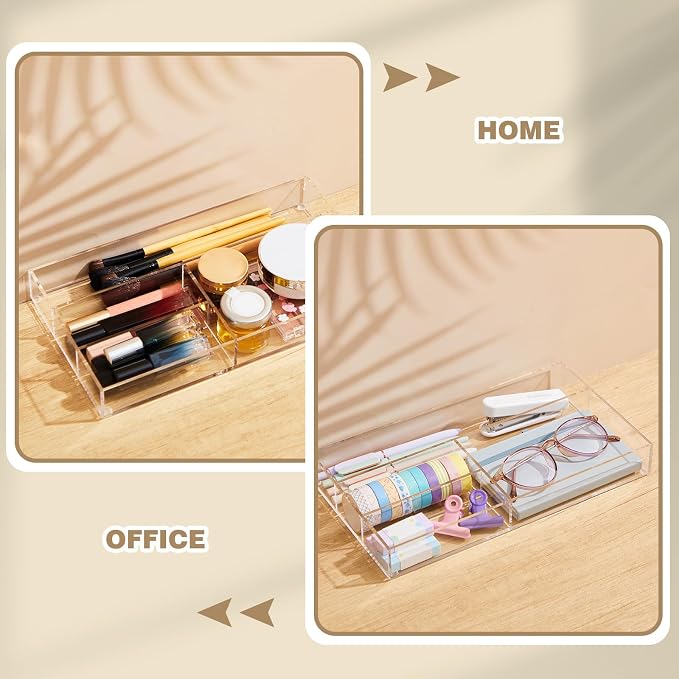 Briwooody 2 Pcs Clear Acrylic Desk Drawer Organizer 11 x 6 x 1.38 Inch Drawer Organizer Trays with 4 Compartments Desk Accessories for Office Makeup Silverware Bathroom