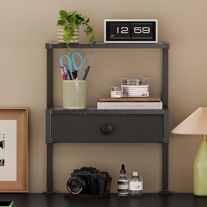 VENNQD Clamp On Desk Shelf, 2-Tier Desktop Organizer, Wood Desktop Supplies Tabletop Book Storage Rack with Adjustable Shelves for Table Working and Gaming Accessories, Black