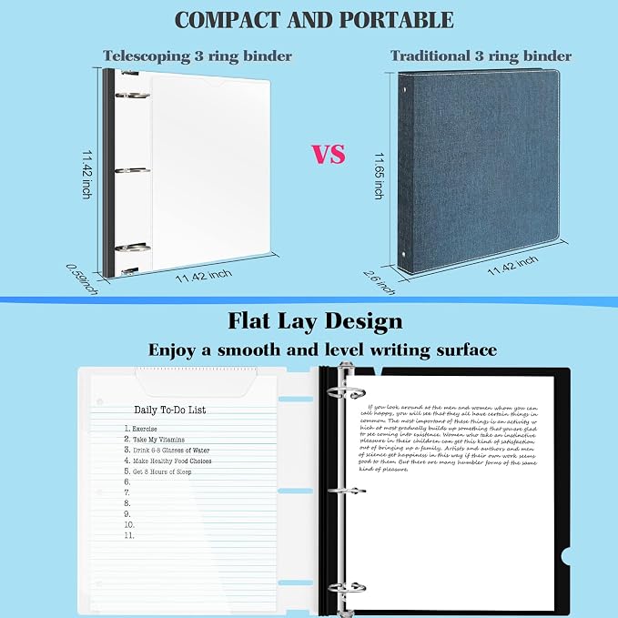 INFUN 1.5 Inch Telescoping 3 Ring Binder - 6PCS, Flexible Round Binder with Customizable Front Cover and Clear Catalog Pocket, 1.5Inch Rings, White – Perfect for School, Office & Home