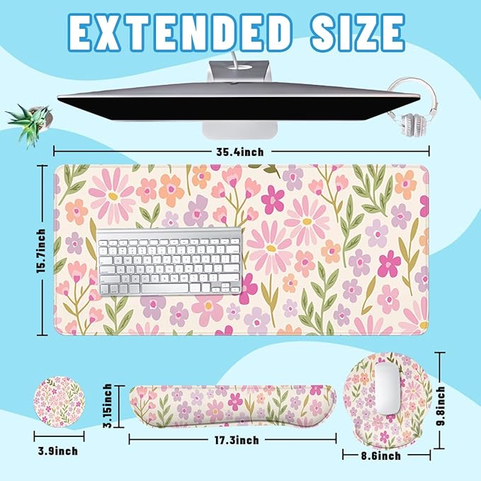 Flowers Mouse Pad Set Pastel Pink Purple Spring Gaming Mousepad 4in1 Desk Mat for Desktop Anti-Slip XXL Big Computer Ergonomic Mousepad with Wrist Support for Keyboard and Mouse