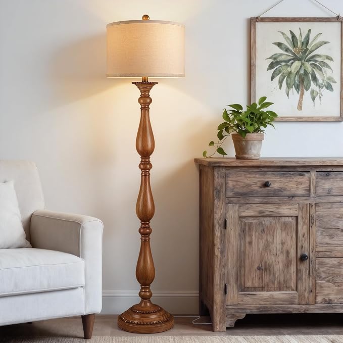 Vintage Floor Lamp for Living Room, Rustic Farmhouse Standing Lamp with Rotary Switch and Linen Shade, Retro Resin Floor Lamp for Bedroom, Corner, Dining Room, House Decor, Wood Grain