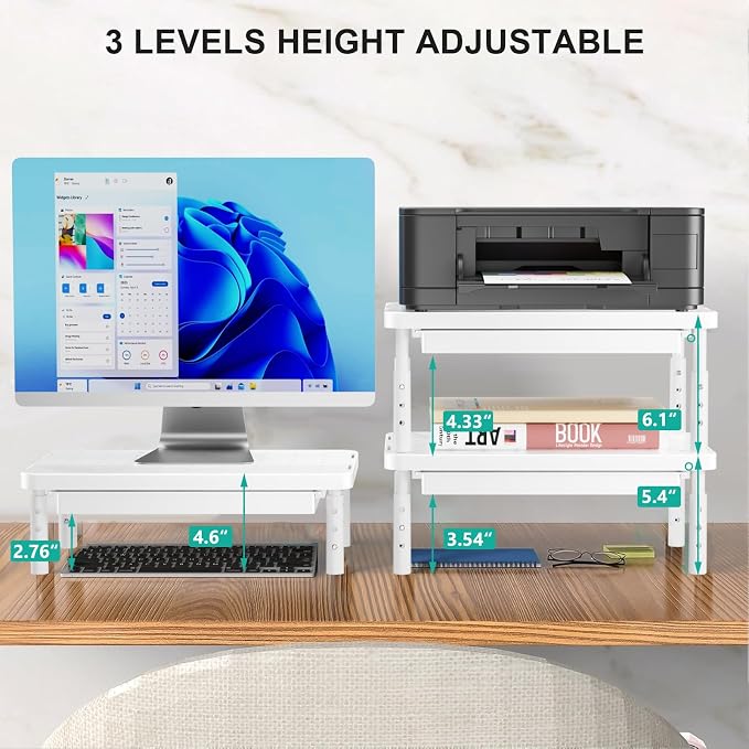 WALI Computer Monitor Stand with Storage, Monitor Riser 3 Height Adjustable | Laptop Riser with Airflow Vents, Desk Organizer for Computer, Printer, Notebook (PTT002-W), 1 Pack, White