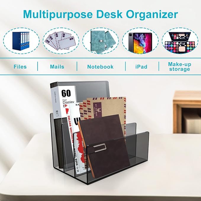 Boloyo Acrylic File Holder,1PC 3 Sections Clear Black File Organizer Mail Letter Sorter Desktop Folder Holder for Home Office School Envelope Bill Filling Paper Document