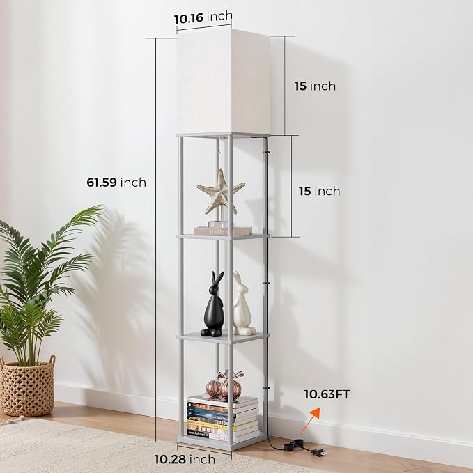 Floor Lamp with Shelves, 3-Tier Modern Square Bookshelf Standing Lamp Grey | 3 Color Temperature Bulb Included, Pull Chain Tall Lamp for Living Room Bedroom Corner Office Apartment Decor