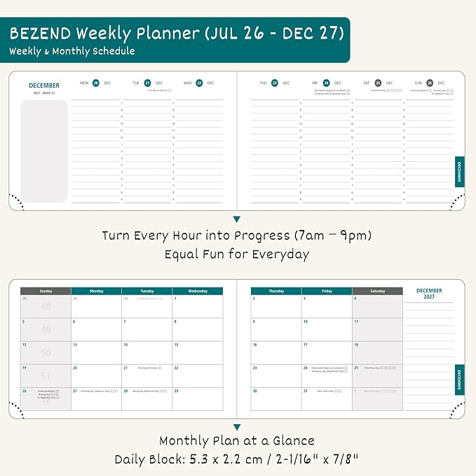 BEZEND Planner 2026 2027 Weekly and Monthly, Daily Calendar Book (9"x5.5")