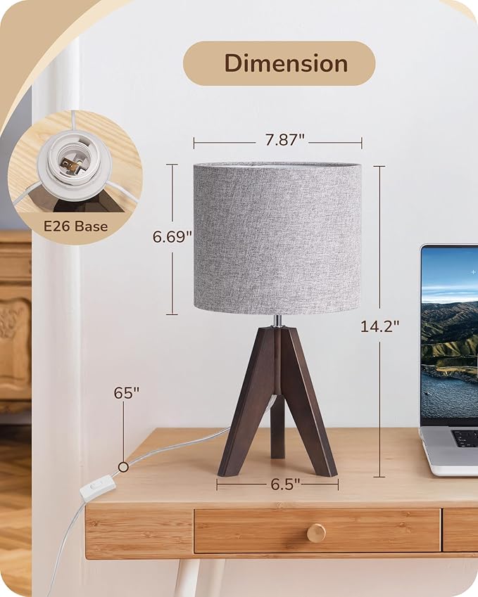 EDISHINE Boho Small Table Lamp, Wood Lamp, Grey Linen Lampshade,14.2 Inch | Walnut Color Tripod Bedside Lamp, Farmhouse Nightstand Lamp for Nursery, Bedroom, Office, Kid Room, Living Room, E26 Socket