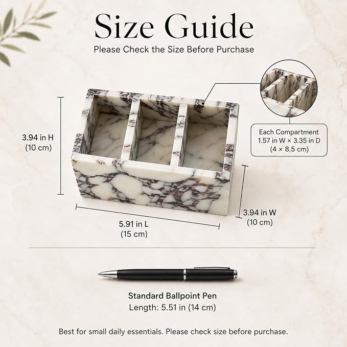 3-Compartment Natural Marble Desk Organizer, 5.91 in | 3-Compartment Natural Marble Organizer for Pens, Brushes and Small Items