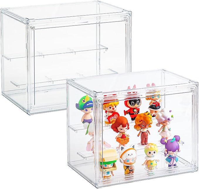 2Small Clear Acrylic Display Cases for Collectibles,Display Box for Figures | 3 Tier Dustproof,Magnetic Door Showcase for Action figurine,Display Shelf Box,360°View Stackable Boxes(2, Small)