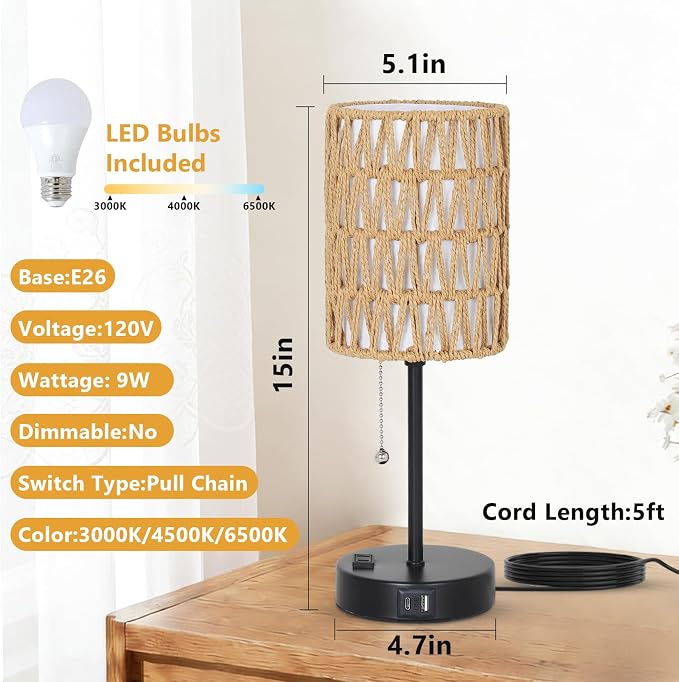 Rattan Bedside Table Lamps Set of 2 - Boho Lamps With 3 Color Temperatures & USB AC Port, Pull Chain Table Lamp For Bedroom, Cute Small Lamp For Nightstand Office Desk Bed Side End Table Living Room