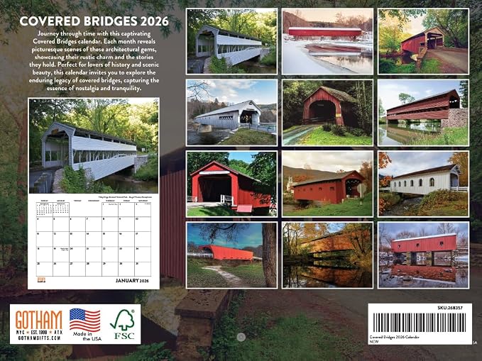 Covered Bridges Calendar 2026 Monthly Wall Calender 12 Month | American Made In The USA