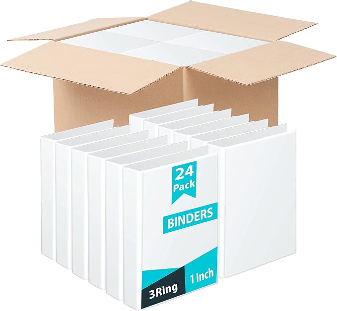 Binders, 1 Inch Binder, 3 Ring Binder, Round Ring Binder, 2 Pocket (24 White)