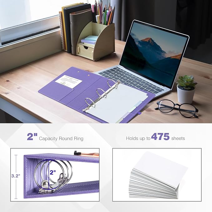 Ospelelf Mini 3 Ring Binder 2 inch Round Ring, 5.5 x 8.5 Purple Clipboard Binders Dividers with Tabs, Linen Binder Organizer for Office, Purple
