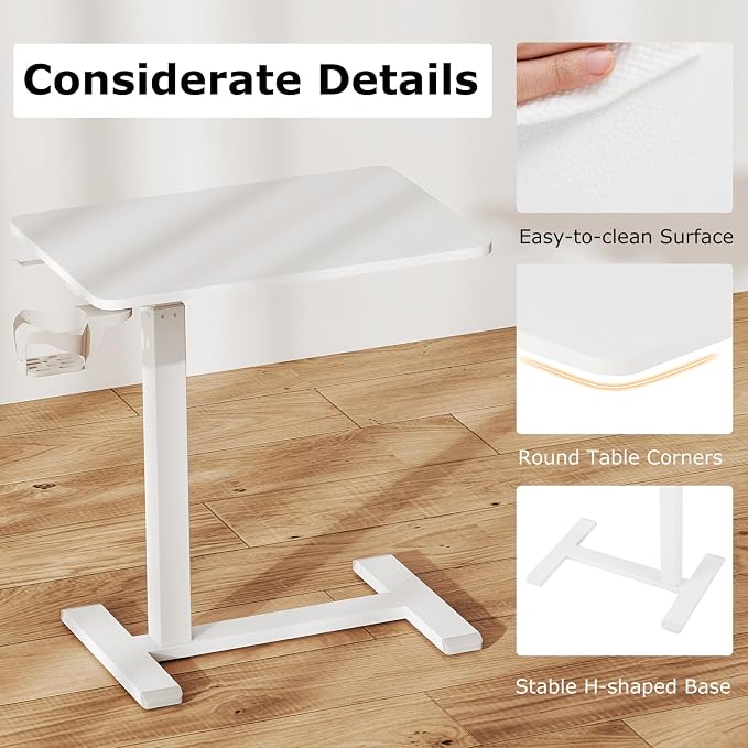 Tangkula Mobile Standing Desk, Pneumatic Height Adjustable Rolling Desk with Cup Holder & Headphone Hook, Overbed Table with Hidden Wheels, Laptop Computer Cart for Couch, Home, Office (White)