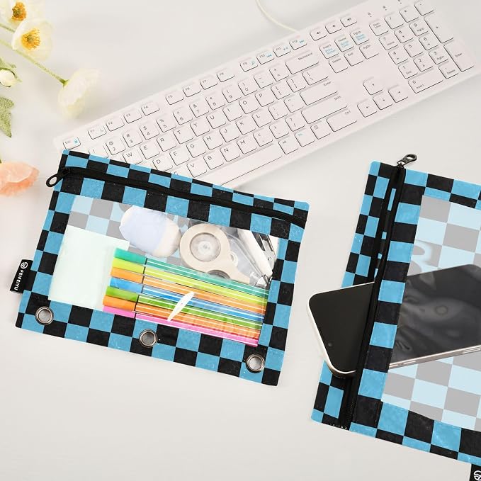 Custom Black Blue Checkered Pattern Pencil Pouch for 3 Ring Binder, 2 Pack Personalized Name Waterproof Pencil Bags Clear Window Pencil Case School Office Supplies