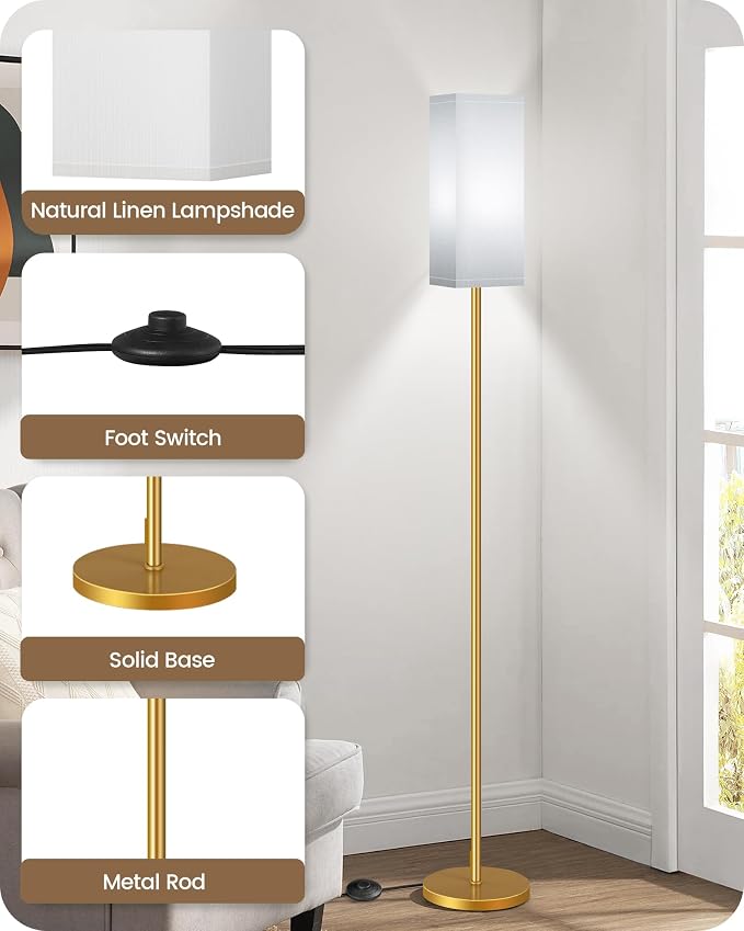 Floor Lamp, Pole with Foot Switch, Modern Standing Lamp Lampshade, Minimalist Freestanding Lamp (Bulb Not Included), for Living Room, Bedroom Office ETL Listed Gold and White DCW07LD05