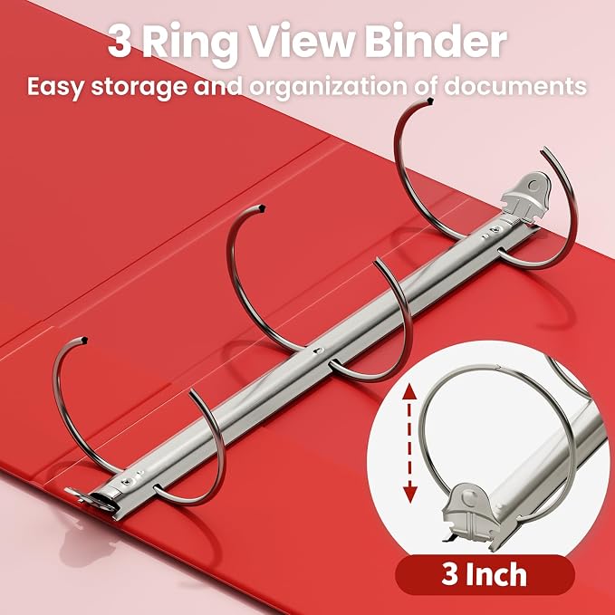 SUNEE 3 Inch Binders 3 Ring 6 Pack, Large 3" Clear View Three Ring Binder PVC-Free (Fit 8.5x11 Inches) for School or Office Supplies, Classic Assortment