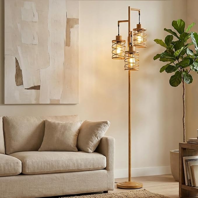 70" Industrial Floor Lamp, Stepless Dimmable Standing Lamp with 3 Bulbs, Farmhouse Corner Standing Tree Lamp for Living Room, Tall Lamps for Bedroom, Office, Study Room, Dining Room, Wood Grain