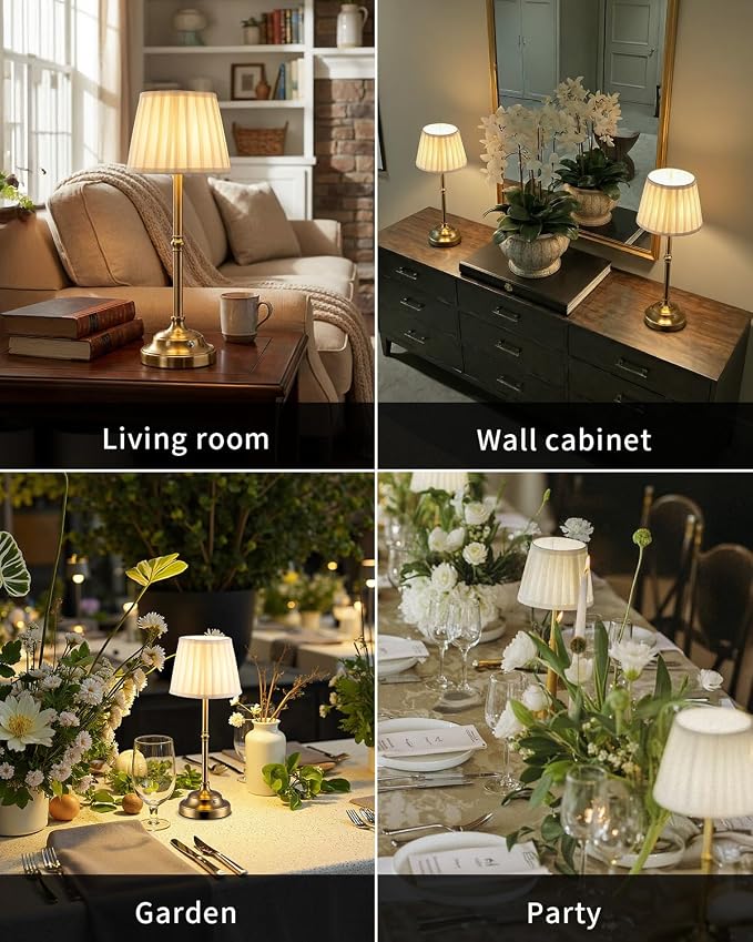 KDG Gold Cordless Portable LED Table Lamp, Beige Fabric Shade Desk Lamp | 4000mAh Rechargeable Battery Powered Lighting, Dimmable Light for Dining Room, Bedroom, Bedside, Night Light, Balcony