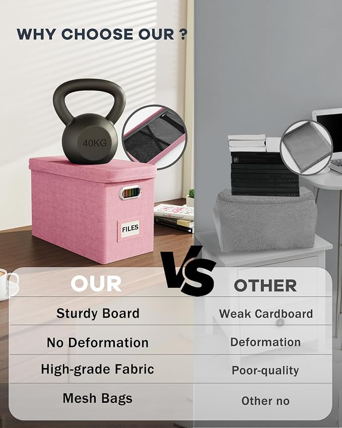 Oterri File Organizer Box with Lid, Hanging Filing File Box with Mesh Pocket, Document Organizer Box for Letter Files, Portable Storage Box with Smooth Sliding Rail for Office&Home (1 PCS, Pink)