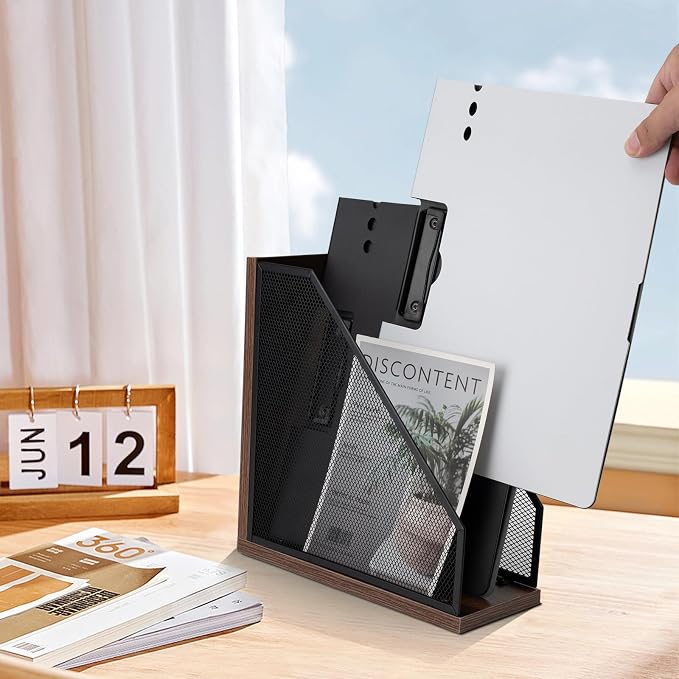 Antique Wooden Magazine Holder,Mesh File Holder for Desk, Office Desk Accessories Decorative File Box (2 Pack Black)