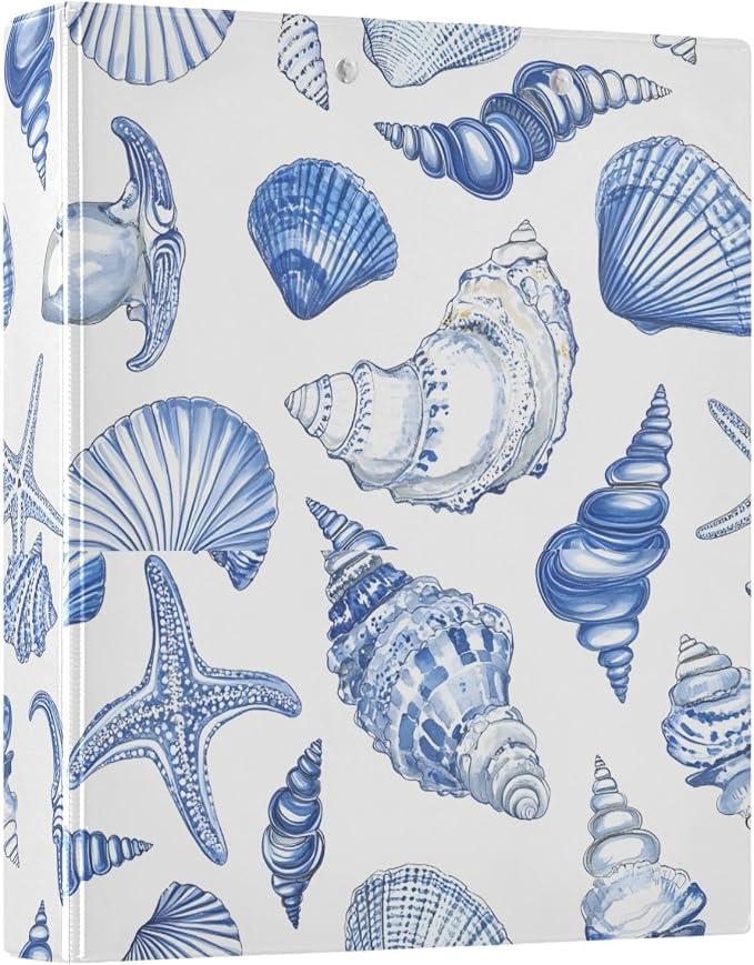 3 Ring Binder Blue Seashells Ocean Nautical Coastal 1.5 inch Binders Three Ring Binders with Clipboard Fit 8.5'' x 11'' Paper 3 Interior PVC Clear Pockets for Office Supplies