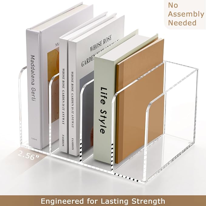 YUXUN Clear Acrylic Magazine File Holder, 4 Compartment Desk Organizer | Desk Organizer for Documents, Tablets, Magazines, Books & Accessories, Ideal for Office, Home & Classroom