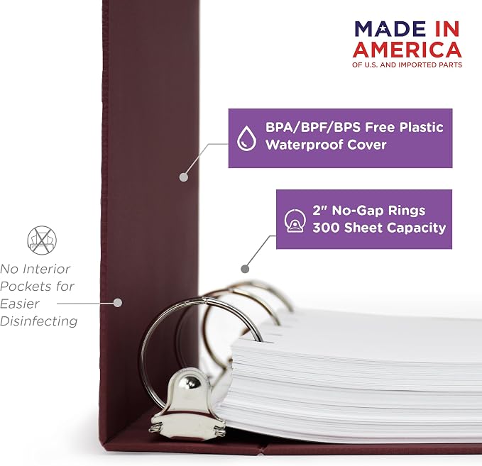 Carstens 2-Inch Heavy Duty 3-Ring Binder - Top Opening, Wine, Durable Plastic, No-Gap Rings, Waterproof Cover, No Pockets, Holds 300 US Letter Sheets, BPA-Free, Made in USA (2873-3R), Case of 16