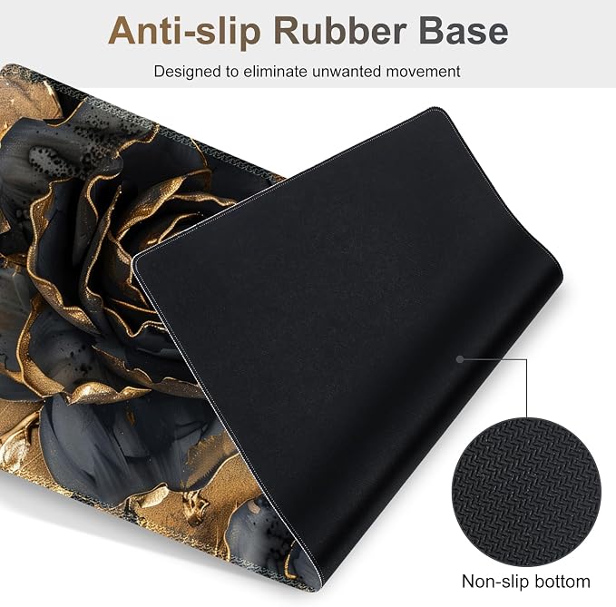 Desk Mat Pad, Gaming Mouse Pad Wrist Support Set, 4 in1 Non-Slip XXL Large Mousepad + Ergonomic Keyboard Wrist Rest+Mouse Wrist Rest+Coaster for Home Office PC Computer I Black Gold Floral