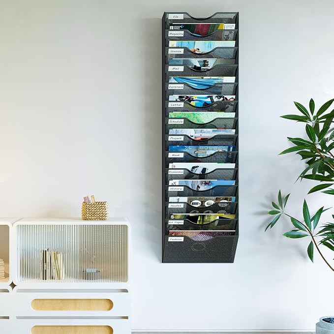 14 Pockets Hanging Wall File Organizer, Office Organization Wall Mount Mail Sorter Paper Holder Bill Organizer for Home, Black