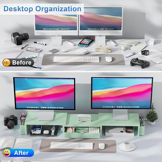gianotter Dual Monitor Stand Riser With Drawer and 2 Pen Holders | Desk Organizer and Accessories Computer Monitor Stand, Desk Shelf for Top of Desk (Sage Green)