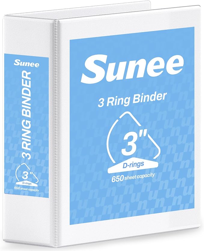 SUNEE 3 Ring Binder 3 Inch D Ring, Clear View Binder Three Ring PVC-Free (Fit 8.5x11 Inches) for School Binder or Office Binder Supplies, White Binder, 1 Pack