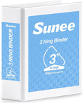 SUNEE 3 Ring Binder 3 Inch D Ring, Clear View Binder Three Ring PVC-Free (Fit 8.5x11 Inches) for School Binder or Office Binder Supplies, White Binder, 1 Pack