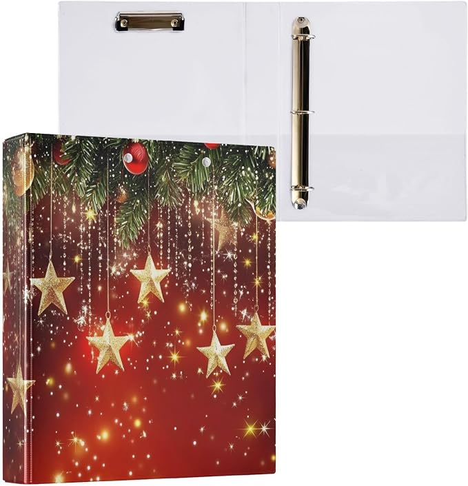 3 Ring Binder Christmas Stars Christmas Balls 1.5 inch Binders Three Ring Binders with Clipboard Fit 8.5'' x 11'' Paper 3 Interior PVC Clear Pockets for Office Supplies