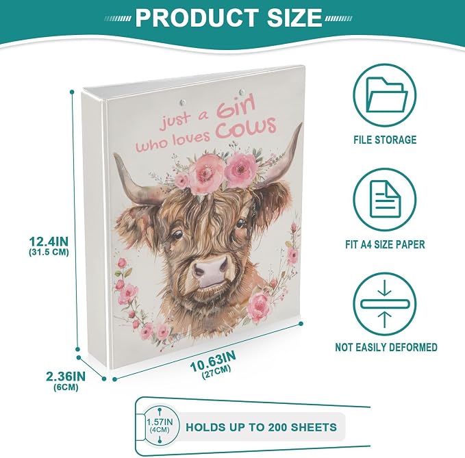 Highland Cow Binders 1.5 Inch Ring Binders A4 Paper Size Cute Decorative Hardcover with Interior Pockets&3 Rings Pink Floral Binder Organizer for Home School Office Supplies