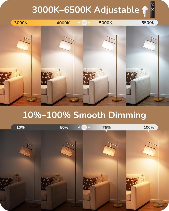 EDISHINE 64.7IN Gold Floor Lamp for Living Room with Remote, Standing Lamp | Dimmable Bulb Included, 5CCT, Foot Switch, Adjustable Head, Minimalist for Bedroom, Living Room, Office