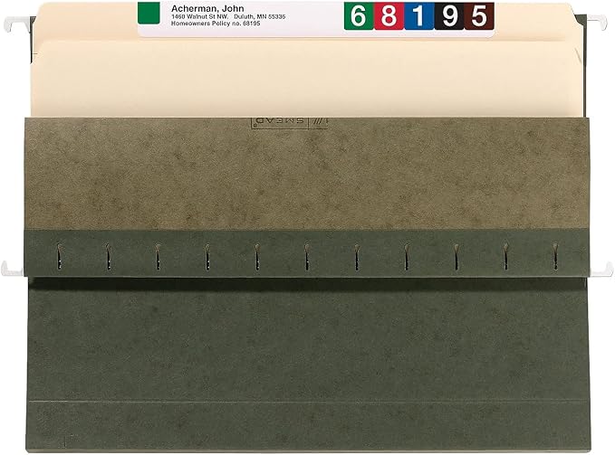 Smead Hanging File Folder with Tab, 1/3-Cut Adjustable Tab, Legal Size, Standard Green, 25 per Box (3-Inch Expansion, Legal)