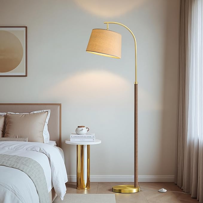 G-SAFAVA Real Wood Floor Lamps for Living Room Bedroom, 62.5" Mid Century Modern Lamp Gold Standing Tall Arc Lamps with Foot Switch, Floor Lamps for Nursery Office Decor Corner Reading Room Light