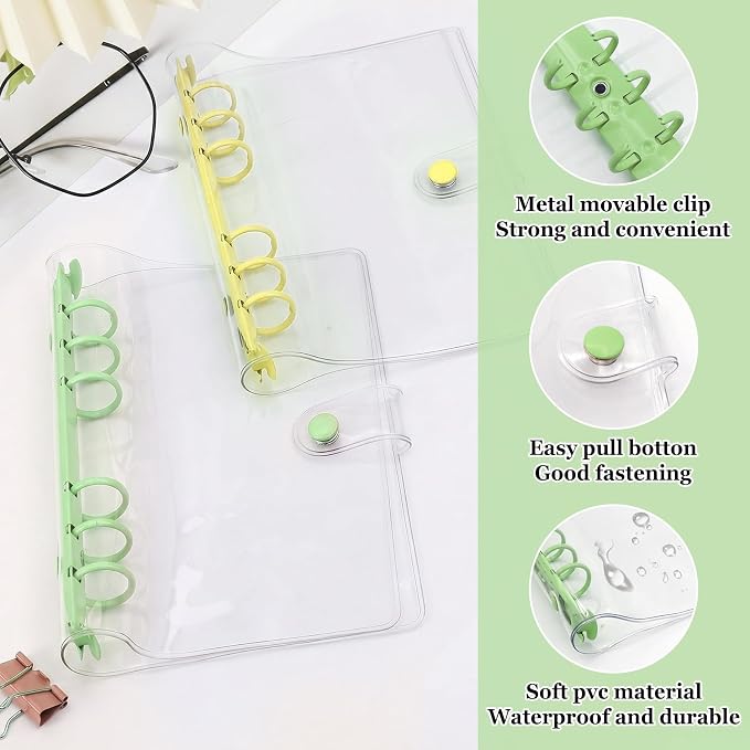 A5 Binder 6 Ring, Clear PVC Notebook Cover, Refillable Planner | Loose Leaf Budget Binder with Snap Button Closure, Round Ring Binder for School Office Home, 2 Pack, Green and Yellow