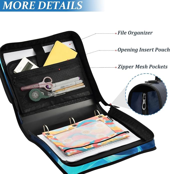 3 D-Ring Zipper Binder Bag, Cartoon Blue Glowing Dragon Removable Binder with Zipper Case Hold 300+ Sheets& 13 Inch Laptop for School Office Supplies Organizer