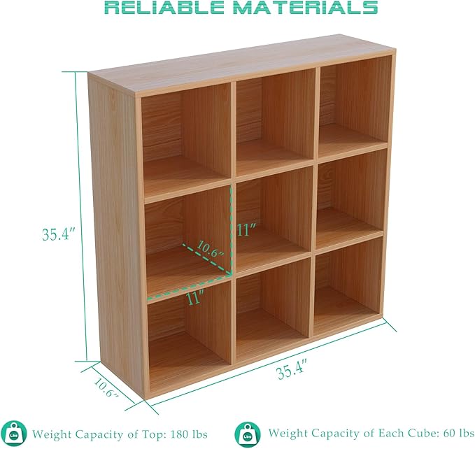 9-Cube Storage Shelf Bookcase, Oak | Wooden 3-Tier Open Bookshelf, Fits 11×11" Bins, Vertical or Horizontal Use, Full Back Panels, For Home Office