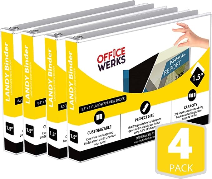 4 Pack of 8.5" X 11" Landscape View Binder, 3-Ring 1.5 Inch Capacity Round Ring, White Horizontal Formatted with Clear Cover Pockets for Documents, Spreadsheets, Projects and More