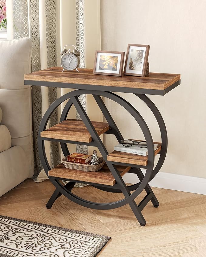 LITTLE TREE Industrial End Table, Narrow Side Table | Modern Bedside Table with 4-Tier Large Storage Space for Living Room, Home Office, Bedroom, Brown