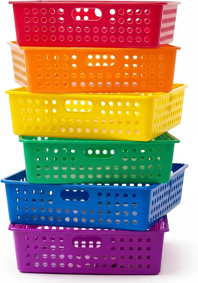 Geetery 6 Pack Classroom Storage Baskets with Handle,Rainbow Color | 14''x10'' Paper Tray Holds A4 Turn in Trays Plastic Paper Baskets Desk Organizer Bin for Classroom, Library, Office, Home